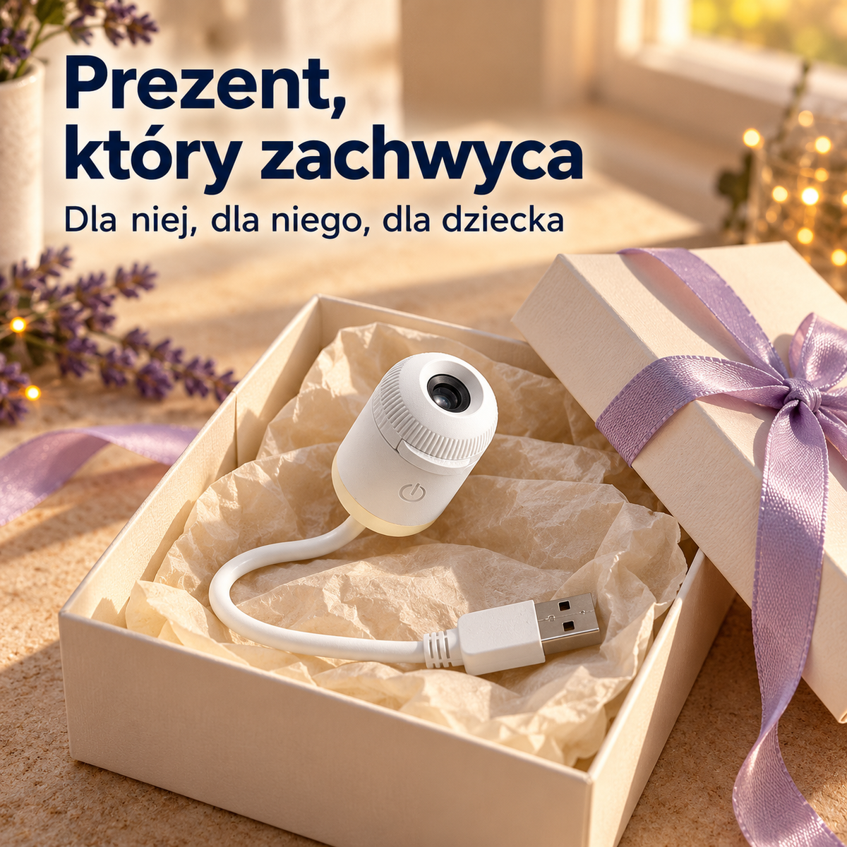 Projektor VESPERA w aranżacji prezentowej; pudełko dekoracyjne