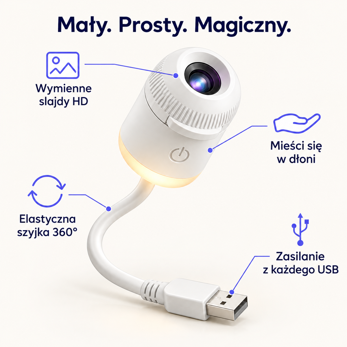 Projektor VESPERA — wymienne slajdy, USB i elastyczna szyjka