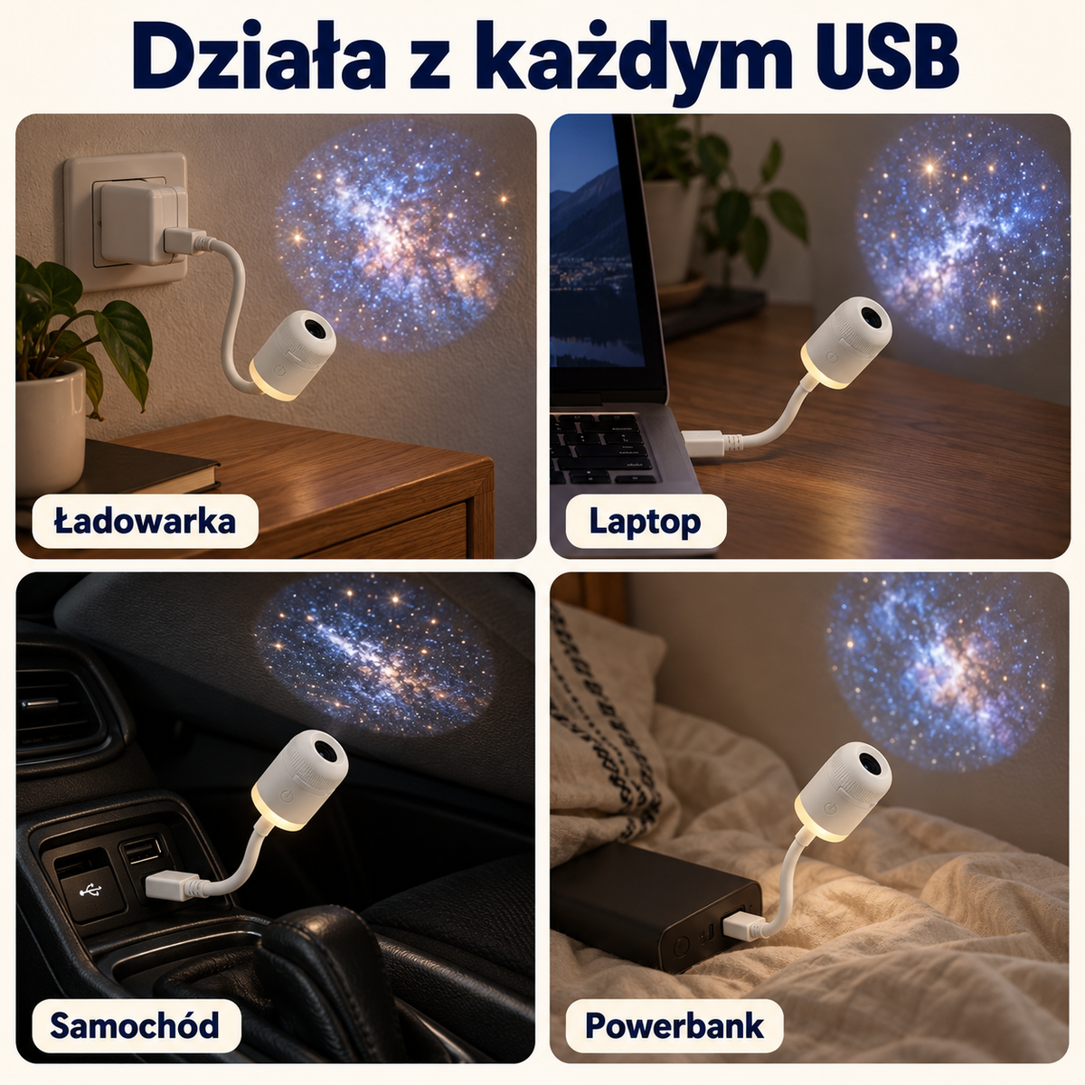 Zasilanie projektora przez ładowarkę, laptop, samochód i powerbank